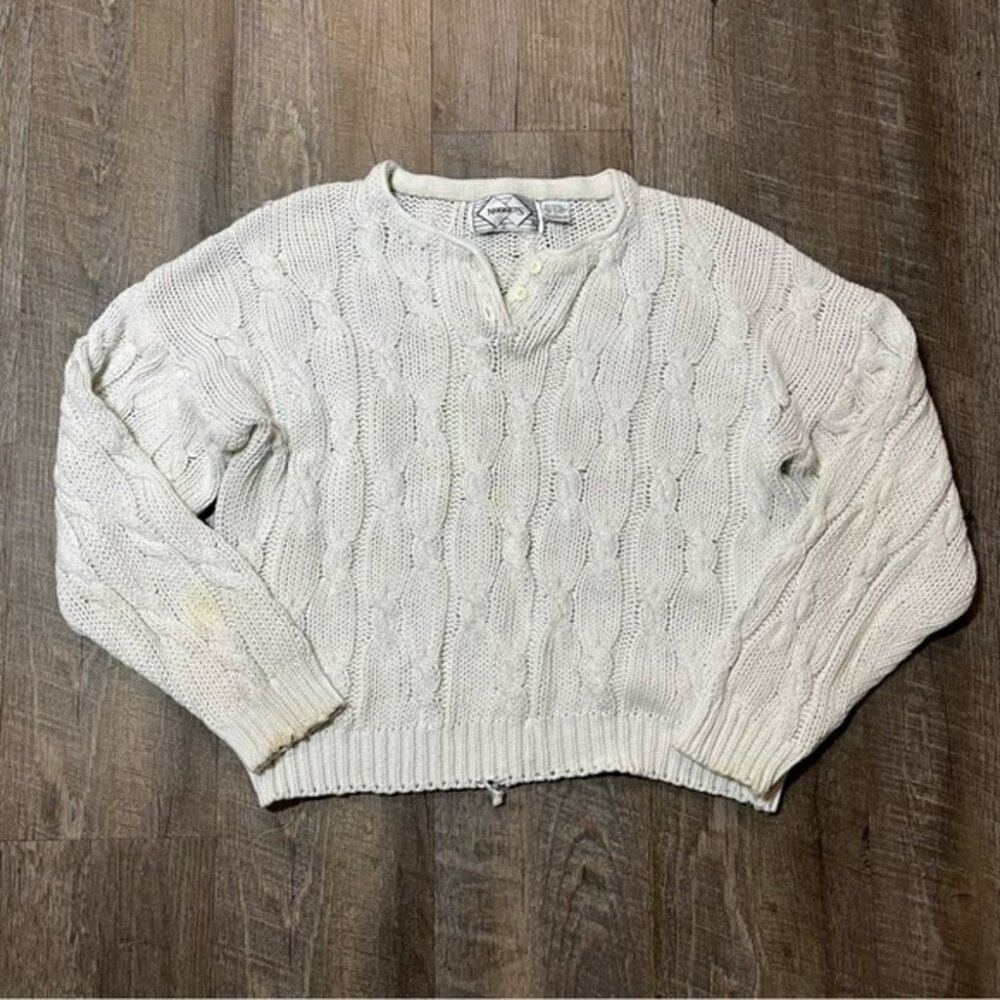 Vintage Cottage Grandma Chunky Knit Sweater Off White Henley Boxy Womens Large